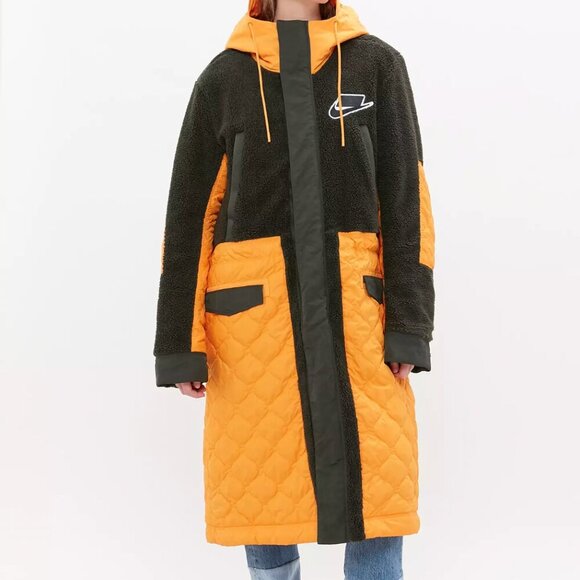 Nike Sportswear Mixed Media Sherpa Parka Coat in Orange Dark Green Medium - Picture 1 of 9